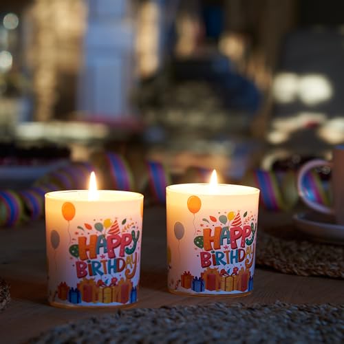 Smart-Planet 2er Set lustige Geburtstagskerzen im Glas - Happy Birthday Kerze 8cm x 7cm - 30 Std Brenndauer Windlicht ohne Duft - Glaskerze von Candelo