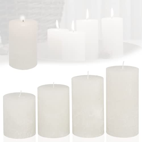 Candelo 4er Set Rustik Kerzen Ambiente Weihnachten - Adventskranz Kerze Rustic - Weiß/White - 8/10/12/14cm - Stumpenkerze Advent Weihnachtskerze von Candelo