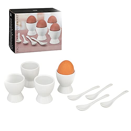 Smart-Planet Eierbecher klassisches weiß aus hochwertigem Porzellan 4er Set mit Löffel - Eierständer Eierhalter für Frühstücksei - glänzeder Egg-Cup, KO-795800030 von Smart-Planet