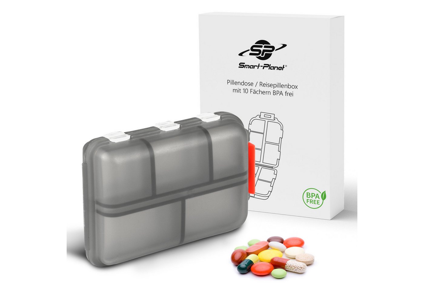 Smart-Planet Pillendose Pillendose klein für unterwegs - Tablettenbox 10 Fächer ToGo (1 St), seniorenfreundliche Medikamentenbox - Organizer für Supplements von Smart-Planet