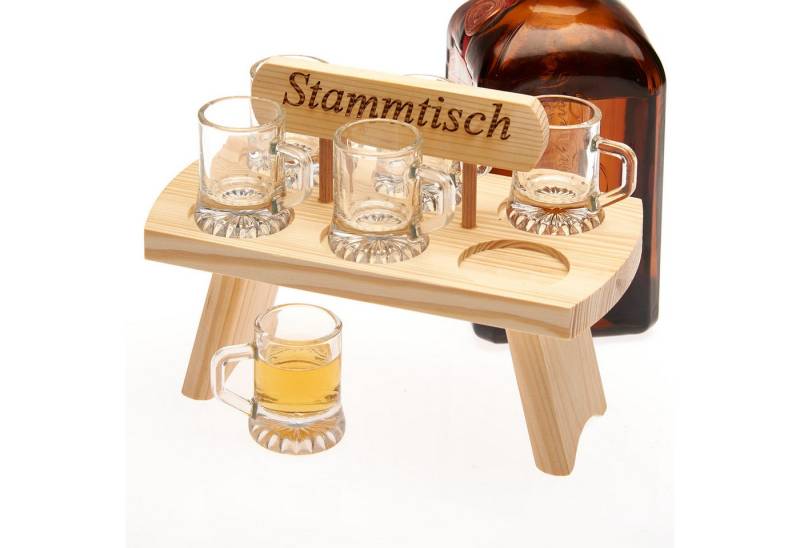 Smart-Planet Schnapsglas Schnapstablet aus Holz mit 6 Shotgläser mit Aufschrift, Gläser sind spülmaschinenfest, Aufschrift "Stammtisch" von Smart-Planet
