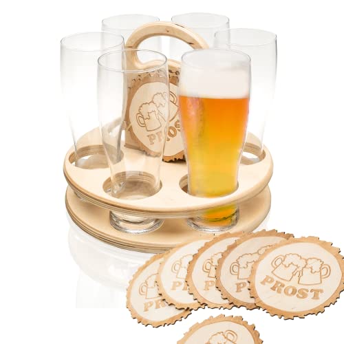 Smart Planet Weizenbierglas Set 6 Gläser + 6 Holz Bierdeckel - Weizenglas Bierträger - Geschenk zum Geburtstag/Vatertag - Holztablett mit Griff von Smart Planet