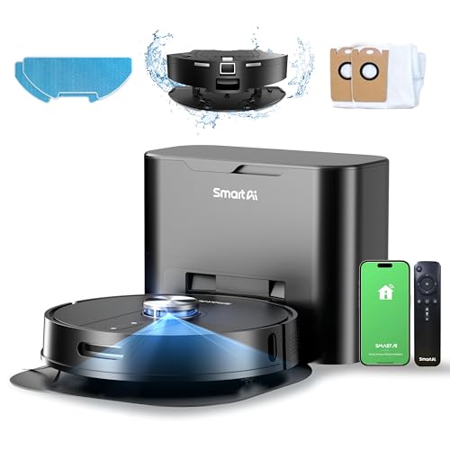 SmartAI S8 P Staubsauger Roboter mit Wischfunktion, WiFi APP Steuerun 5000Pa Saugroboter mit Lasernavigation, Selbstentleerend Absaugstation 4L, Kartierung mehrerer Etagen für Tierhaare, Teppich von SmartAI