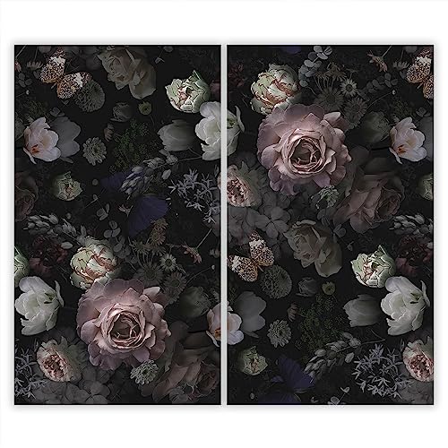 SMTDeco Herdabdeckplatte Ceranfeld Abdeckplatte Herdabdeckung Herdplatten Abdeckungen Induktionskochfeld 2 x 30x52 cm Zweiteilig Blumen Schwarz von SMTDeco