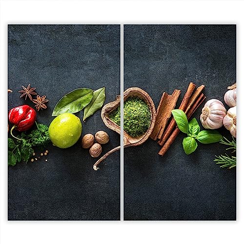 SMTDeco Herdabdeckplatte 2×30×52 cm – ESG gehärtetes Glas, kratzfest & rutschfest – Spritzschutz & Schneidebrett – für Induktion/Ceranfeld – 2-teilig, Motiv Zweiteilig Gewürze Grau von SmartDecoration