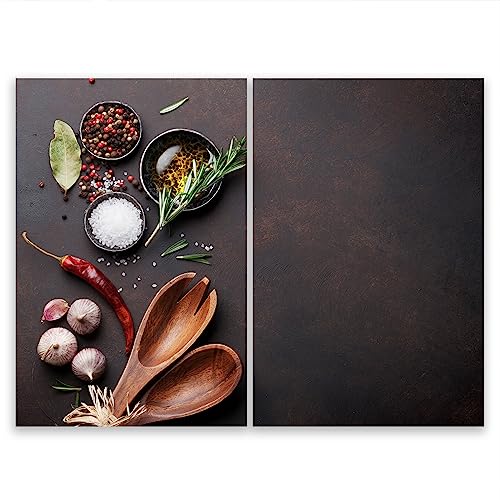 SMTDeco Herdabdeckplatte 2×35×52 cm – Mehr Arbeitsfläche, Spritzschutz & Schneidebrett – ESG Glas, kratzfest – für Induktion/Ceranfeld – 2-teilig, Motiv Zweiteilig Gewürze Grau von SmartDecoration