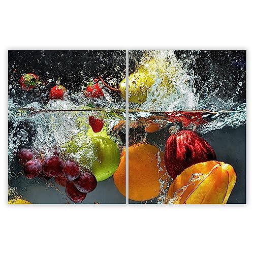 SMTDeco Herdabdeckplatte 2×40×52 cm – ESG gehärtetes Glas, kratzfest & rutschfest – Spritzschutz & Schneidebrett – für Induktion/Ceranfeld – 2-teilig, Motiv Zweiteilig Obst Grau von SMTDeco