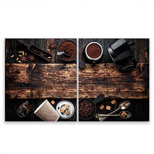 SMTDeco Herdabdeckplatte 2×45×52 cm – Mehr Arbeitsfläche, Spritzschutz & Schneidebrett – ESG Glas, kratzfest – für Induktion/Ceranfeld – 2-teilig, Motiv Zweiteilig Kaffee Holzfarbe von SMTDeco