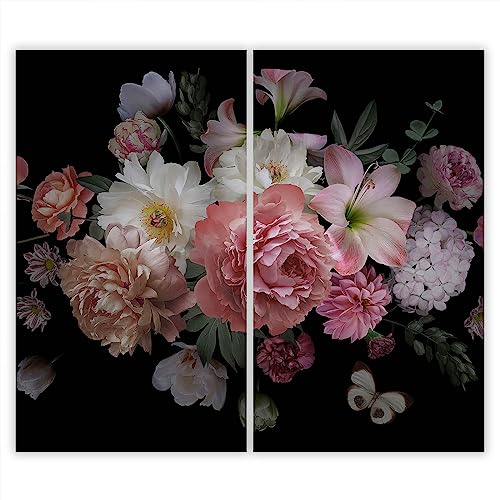 SMTDeco Herdabdeckplatte 2×30×52 cm – ESG gehärtetes Glas, kratzfest & rutschfest – Spritzschutz & Schneidebrett – für Induktion/Ceranfeld – 2-teilig, Motiv Zweiteilig Blumen Schwarz von SmartDecoration