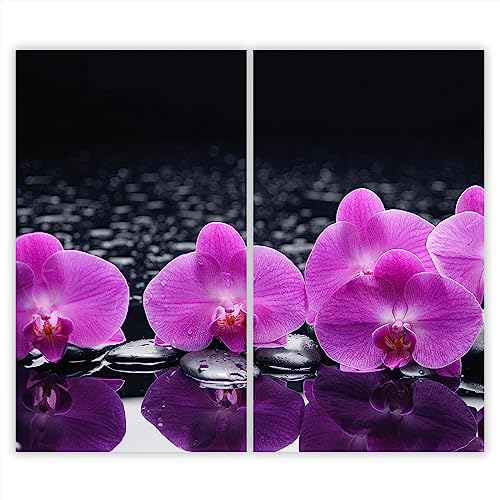 SmartDecoration Herdabdeckplatte Ceranfeldabdeckung aus Glas 2 x 30x52 cm Zweiteilig Motiv "Blumen" Violett (100337) von SmartDecoration