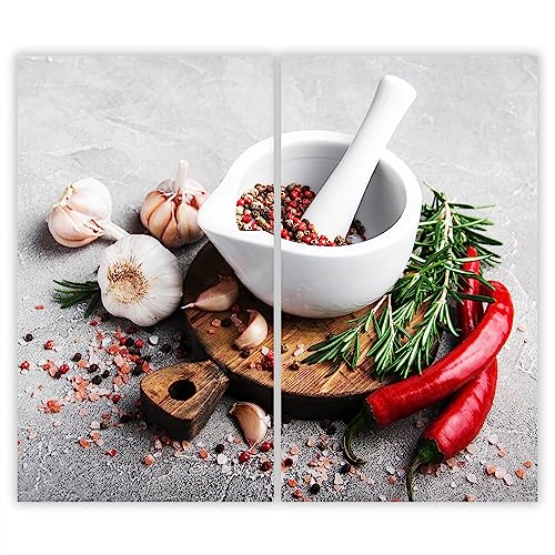 SMTDeco Herdabdeckplatte 2×30×52 cm – ESG gehärtetes Glas, kratzfest & rutschfest – Spritzschutz & Schneidebrett – für Induktion/Ceranfeld – 2-teilig, Motiv Zweiteilig Gewürze Weiß von SmartDecoration