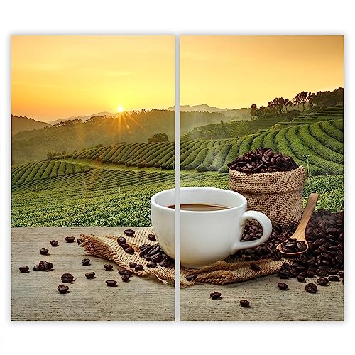 SmartDecoration Herdabdeckplatte Ceranfeldabdeckung aus Glas 2 x 30x52 cm Zweiteilig Motiv "Kaffee" Grün (100324) von SmartDecoration