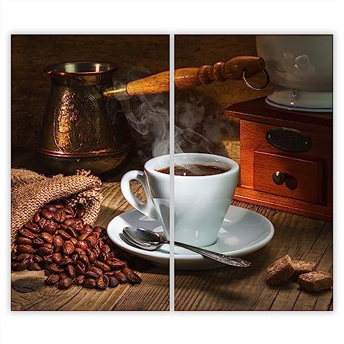 SmartDecoration Herdabdeckplatte Ceranfeldabdeckung aus Glas 2 x 30x52 cm Zweiteilig Motiv "Kaffee" Weiß (100316) von SmartDecoration