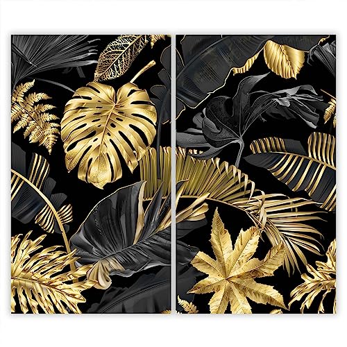 SMTDeco Herdabdeckplatte 2×30×52 cm – ESG gehärtetes Glas, kratzfest & rutschfest – Spritzschutz & Schneidebrett – für Induktion/Ceranfeld – 2-teilig, Motiv Zweiteilig Monstera Gold von SMTDeco