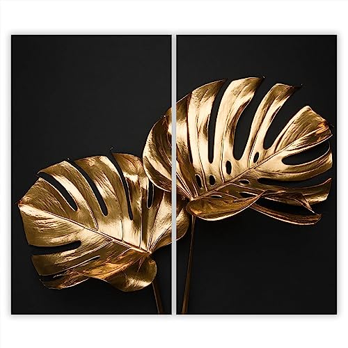 SMTDeco Herdabdeckplatte Ceranfeld Abdeckplatte Herdabdeckung Herdplatten Abdeckungen Induktionskochfeld 2 x 30x52 cm Zweiteilig Monstera Gold von SMTDeco