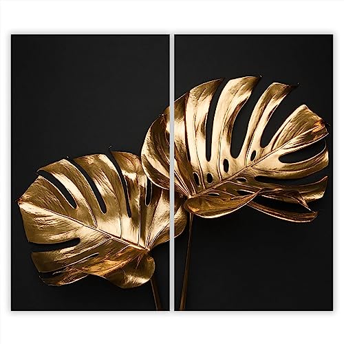 SmartDecoration Herdabdeckplatte Ceranfeldabdeckung aus Glas 2 x 30x52 cm Zweiteilig Motiv "Monstera" Gold (100399) von SmartDecoration