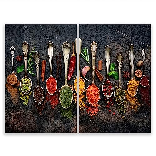 SMTDeco Herdabdeckplatte 2×35×52 cm – Mehr Arbeitsfläche, Spritzschutz & Schneidebrett – ESG Glas, kratzfest – für Induktion/Ceranfeld – 2-teilig, Motiv Zweiteilig Gemüse Grau von SMTDeco