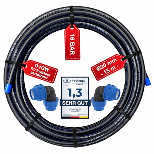 SmartProduct PE Rohr 20 mm x 15 Meter PN16 PE-HD Verlegerohr, DVGW Trinkwasser, Wasserleitung Versorgungsleitung Wasserrohr Bewässerung Kunststoffrohr schwarz inkl. 2 Kupplungen 20mm mit 90° Winkel von SmartProduct