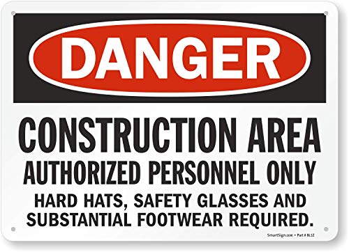 SmartSign - S-8968-Pl-14 "Danger - Construction Area, Authorized Personnel Only" Schild | 10" x 14" Kunststoff Schwarz/Rot auf Weiß von SmartSign