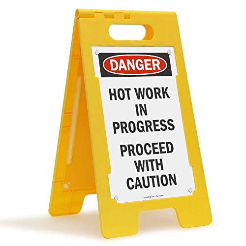 SmartSign -SF-0295-FB "Hot Work In Progress, Proceed with Caution", faltbares Bodenschild, 63,5 x 30,5 cm, Kunststoff, Schwarz/Rot auf Weiß von SmartSign