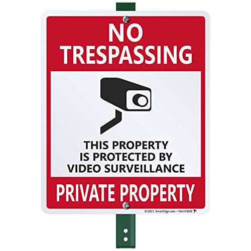 SmartSign SmartSign by Lyle Aluminiumschild, Legende "No Trespassing", Videoüberwachung mit Grafik, 30,5 cm hoch x 22,9 cm breit, plus 91 cm hoher Pfahl, Schwarz/Rot auf Weiß von SmartSign