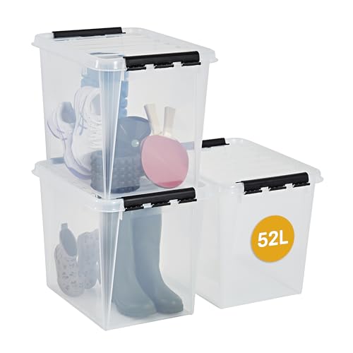 3er Set SmartStore™ Classic 50 - Transparente große Plastikaufbewahrungsbox 52L mit Deckel - Transparent - Stapelbar und nistbar - Clip-Verschluss schwarz - L50xB39xH41cm - Food Approved von SmartStore