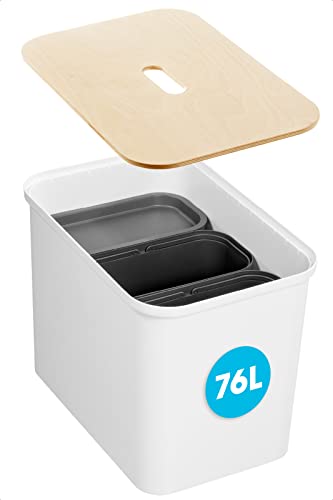 SmartStore Recycling-Mülleimer – 76 l großer Küchenabfalleimer mit Holzdeckel, 3 x 13 l Eimereinsätze, 2 x kleine Deckel – stabile Recycling-Mülleimer für Küche mit 10 Jahren Garantie – weißer von SmartStore