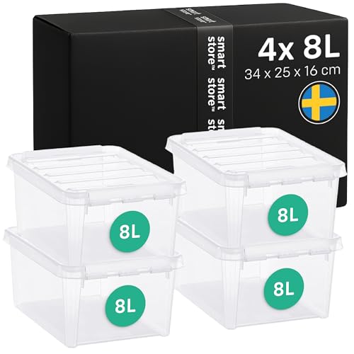 SmartStore - 4x Aufbewahrungsbox mit Deckel Classic 8L (34x25x16cm) | Stapelbare Box mit Deckel | Lebensmittelechte Kunststoffbox | Plastikbox mit Deckel & verstärkten Ecken | 10 Jahre Garantie von SmartStore
