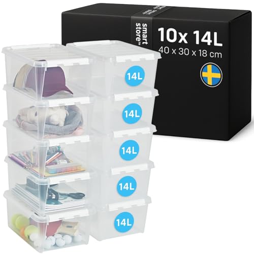 SmartStore Aufbewahrungsboxen 14L – 10 transparente und stapelbare Boxen mit Deckel und Clipverschluss weiss– BPA-frei und lebensmittelecht – 40 x 30 x 18cm, Durchsichtig, 3508141RP von SmartStore