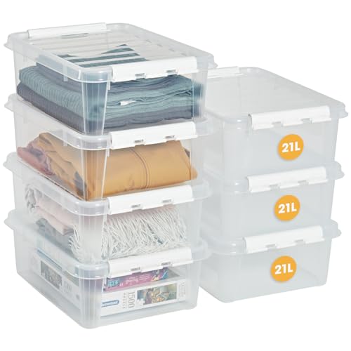 SmartStore Aufbewahrungsboxen 21 L – 7 transparente und stapelbare Boxen mit Deckel und Clipverschluss weiss– BPA-frei und lebensmittelecht – 50 x 39 x 18 cm von SmartStore