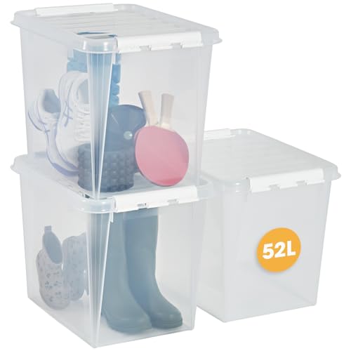 SmartStore Aufbewahrungsboxen 52 L – 3 transparente und stapelbare Boxen mit Deckel und Clipverschluss weiss– BPA-frei und lebensmittelecht – 50 x 39 x 41 cm von SmartStore