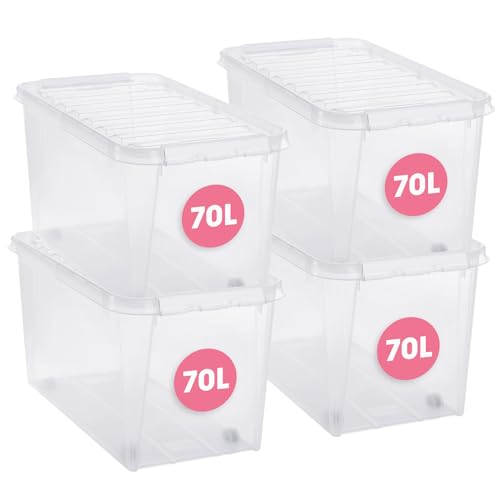 SmartStore Aufbewahrungsboxen 70 L – 4 transparente und stapelbare Boxen mit Deckel und Clipverschluss weiss– BPA-frei und lebensmittelecht – 72 x 40 x 38 cm von SmartStore