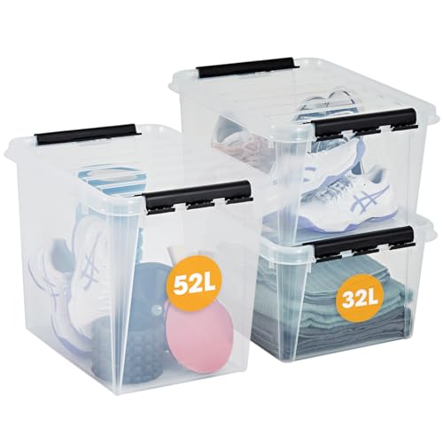 SmartStore Aufbewahrungsboxen Bonus Pack - 2x 32L und 1x 52L, verstärkt, transparent, 10 Jahre Garantie, lebensmittelecht, mit Klemmverschluss, stapelbar und stapelbar, BPA-frei, L50 x B39 x H41cm von SmartStore