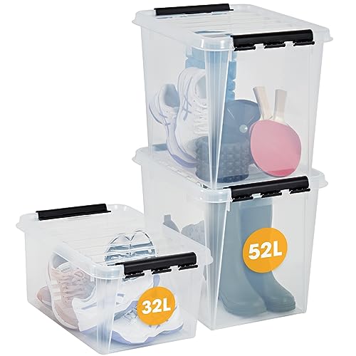 SmartStore Aufbewahrungsboxen Bonus Pack - 2x 52L und 1x 32L, verstärkt, transparent, 10 Jahre Garantie, lebensmittelecht, mit Klemmverschluss, stapelbar und stapelbar, BPA-frei, L50 x B39 x H41cm von SmartStore