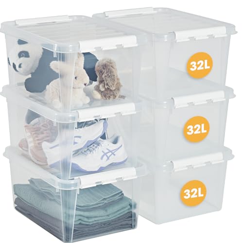 SmartStore Aufbewahrungsboxen aus Kunststoff, 32 l, mit Deckel, transparent, stapelbar und ineinander stapelbar, lebensmittelecht und BPA-frei, mit weißem Clipverschluss, L50 x B39 x H26 cm, 3510141RP von SmartStore