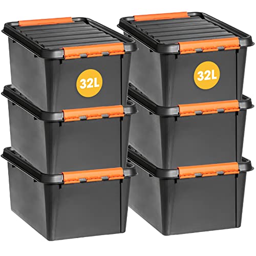 SmartStore Aufbewahrungsboxen mit Deckel, groß – 6er-Set zur Werkzeugaufbewahrung – robuste Box mit 32 l – ineinander und übereinander stapelbar – BPA-freier Kunststoff – 50 x 39 x 26 cm – schwarz von SmartStore
