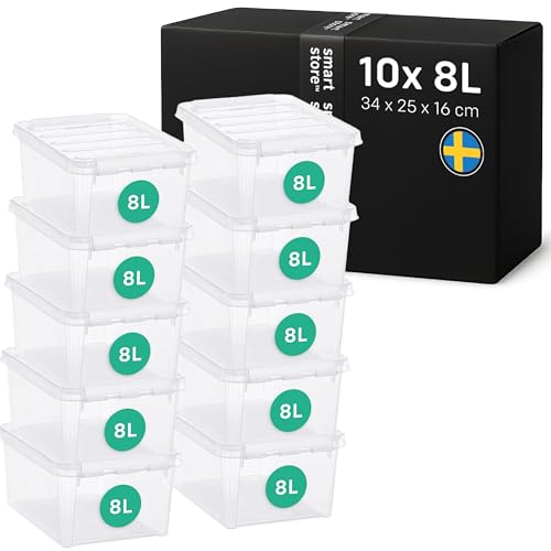 SmartStore 8 l, kleine Aufbewahrungsboxen aus Kunststoff mit Deckel, 10 Stück, transparent, stapelbar und lebensmittelecht, mit Clips, 34 x 25 x 16 cm von SmartStore