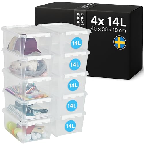 SmartStore Aufbewahrungsboxen 14L – 10 transparente und stapelbare Boxen mit Deckel und Clipverschluss weiss– BPA-frei und lebensmittelecht – 40 x 30 x 18cm, Durchsichtig, 3508141RP von SmartStore