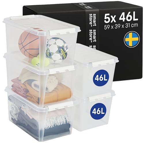 SmartStore - 5x Aufbewahrungsbox mit Deckel Classic 46L (59x39x31cm) | Stapelbare Box mit Deckel | Lebensmittelechte Kunststoffbox | Plastikbox mit Deckel & verstärkten Ecken | 10 Jahre Garantie von SmartStore
