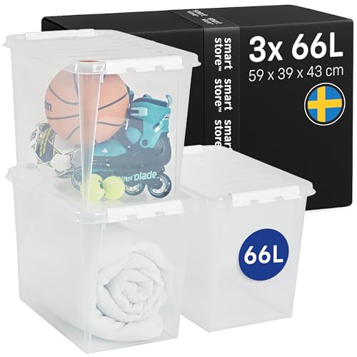 SmartStore Aufbewahrungsboxen 61 L – 3 transparente und stapelbare Boxen mit Deckel und Clipverschluss weiss– BPA-frei und lebensmittelecht – 59 x 39 x 43 cm von SmartStore