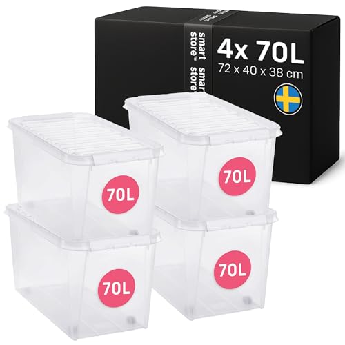 SmartStore - 4x Aufbewahrungsbox mit Deckel Classic 70L (72x40x38cm) | Stapelbare Box mit Deckel | Lebensmittelechte Kunststoffbox | Plastikbox mit Deckel & verstärkten Ecken | 10 Jahre Garantie von SmartStore