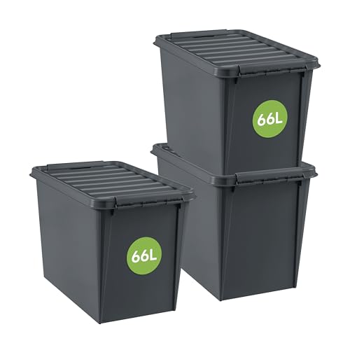 SmartStore - Recycled 65 - 3er Set Aufbewahrungsboxen - 100% recycelter Kunststoff - grau - 59x39x43cm - 61l von SmartStore