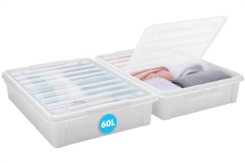 SmartStore Unterbett Aufbewahrungsbox mit Deckel 60 L – 2er- Pack Plastik Boxen mit Clipverschluss- verstärkt, groß, transparent Deckel– Kunststoff – 79 x 59 x 18.5 cm von SmartStore