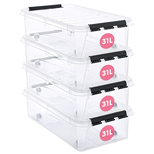 SmartStore Unterbett Aufbewahrungsbox mit Deckel, 31 l, 4er-Pack, verstärkt, groß, transparent, mit Clipverschluss, stapelbar, BPA-freies Plastik, 72 x 40 x 19 cm (L x B x H) von SmartStore