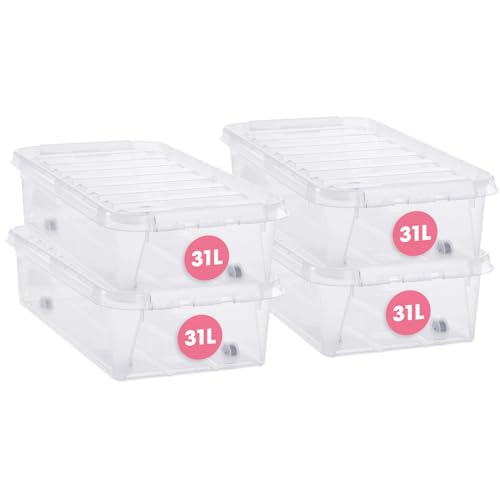 SmartStore Unterbett Aufbewahrungsbox mit Deckel 31 L – 4 transparente und stapelbare Plastik Boxen mit Clipverschluss weiß – Kunststoff BPA-frei und lebensmittelecht – 72 x 40 x 19 cm von SmartStore