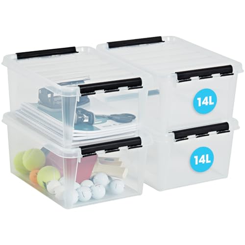 SmartStore ﻿aufbewahrungsbox mit deckel, 14 l, 4er-Pack, verstärkt, groß, transparent, für Lebensmittel geeignet, mit Clipverschluss, stapelbar, BPA-freies Plastik, 40 x 30 x 18 cm (L x B x H) von SmartStore