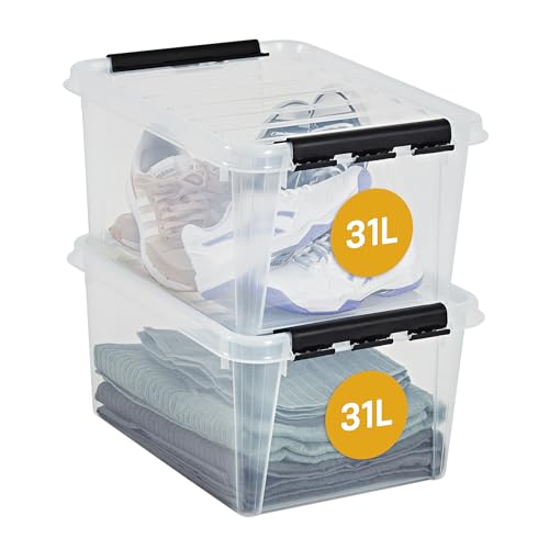 SmartStore Aufbewahrungsboxen mit Deckel, 31 l, transparent, 2er-Pack, verstärkt, 10 Jahre Garantie, lebensmittelecht, mit Clipverschluss, stapelbar, BPA-freier Kunststoff, 50 x 39 x 26 cm von SmartStore