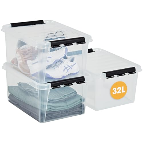 SmartStore ﻿aufbewahrungsbox mit deckel, 32 l, 3er-Pack, verstärkt, groß, transparent, für Lebensmittel geeignet, mit Clipverschluss, stapelbar, BPA-freies Plastik, 50 x 39 x 26 cm (L x B x H) von SmartStore