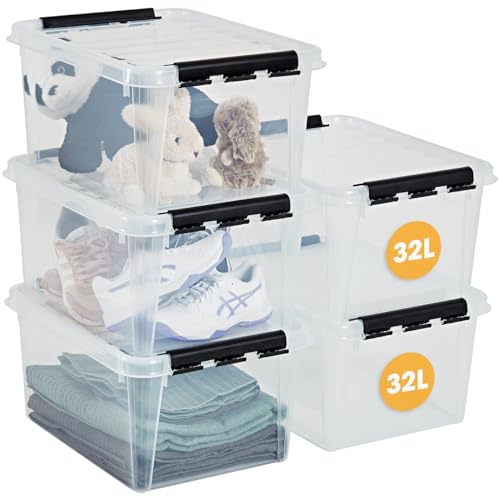 SmartStore ﻿aufbewahrungsbox mit deckel, 32 l, 5er-Pack, verstärkt, groß, transparent, für Lebensmittel geeignet, mit Clipverschluss, stapelbar, BPA-freies Plastik, 50 x 39 x 26 cm (L x B x H) von SmartStore