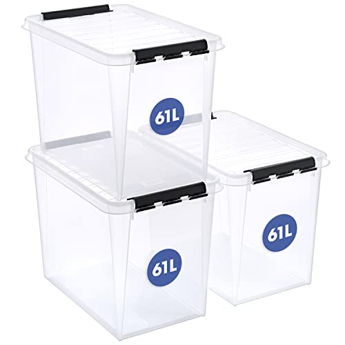 SmartStore aufbewahrungsbox mit deckel groß, 61 l, 3er-Pack, verstärkt, transparent, für Lebensmittel geeignet, mit Clipverschluss, stapelbar, BPA-freies Plastik, 59 x 39 x 43 cm (LxBxH), 3477070RP von SmartStore